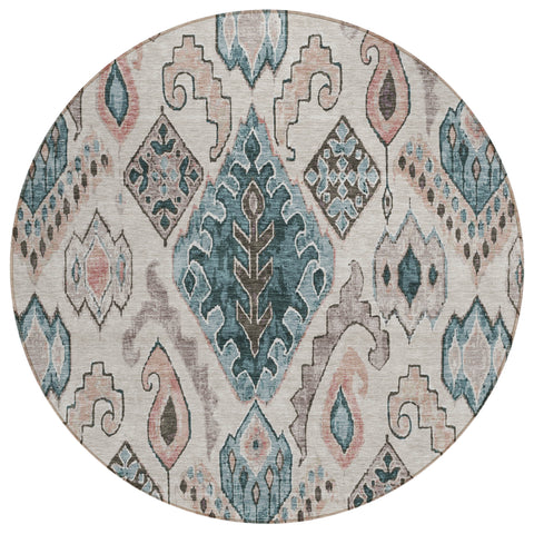 8' Beige Teal Blue And Copper Round Moroccan Washable Indoor Outdoor Area Rug