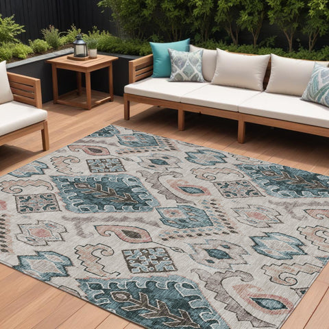 8' X 10' Beige Teal Blue And Copper Moroccan Washable Indoor Outdoor Area Rug