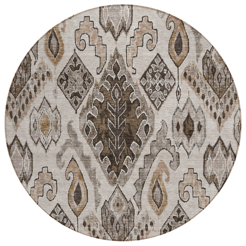 8' Brown And Beige Round Moroccan Washable Indoor Outdoor Area Rug