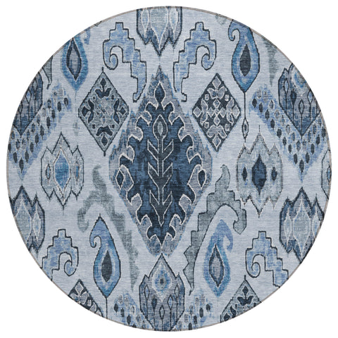 8' Denim Blue And Sky Blue Round Moroccan Washable Indoor Outdoor Area Rug