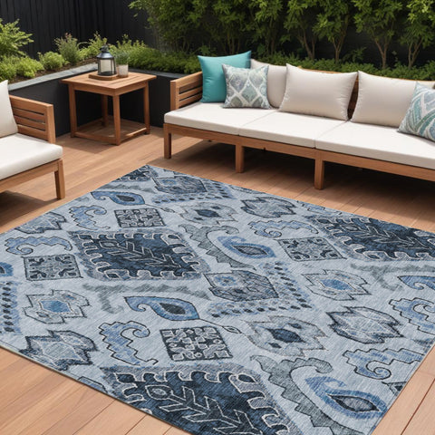 8' X 10' Denim Blue And Sky Blue Moroccan Washable Indoor Outdoor Area Rug