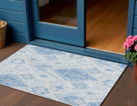 3' X 5' Denim Blue And Sky Blue Moroccan Washable Indoor Outdoor Area Rug