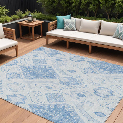 8' X 10' Denim Blue And Sky Blue Moroccan Washable Indoor Outdoor Area Rug