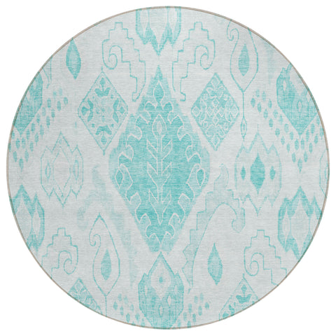 8' Teal Blue Aqua And Ivory Round Moroccan Washable Indoor Outdoor Area Rug