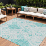 8' X 10' Teal Blue Aqua And Ivory Moroccan Washable Indoor Outdoor Area Rug