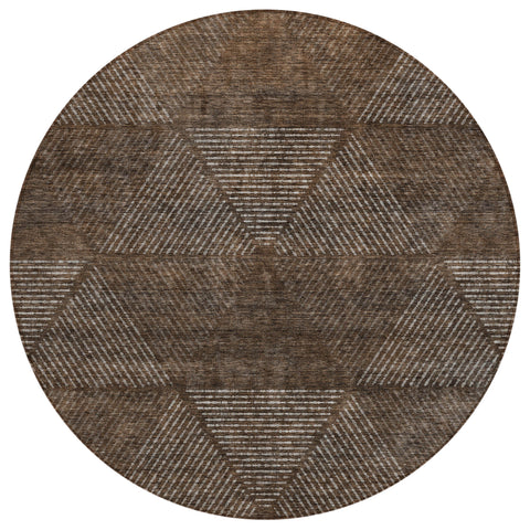 8' Brown And Taupe Round Geometric Washable Indoor Outdoor Area Rug