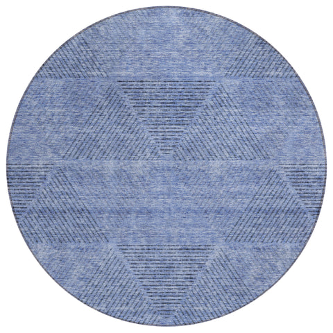 8' Denim Blue And Sky Blue Round Geometric Washable Indoor Outdoor Area Rug