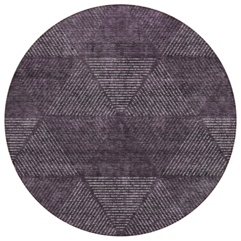 8' Eggplant Purple And Gray Round Geometric Washable Indoor Outdoor Area Rug