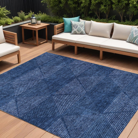 8' X 10' Navy Blue And Sky Blue Geometric Washable Indoor Outdoor Area Rug