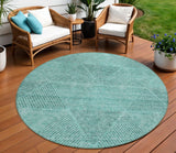 8' Teal Blue And Aqua Round Geometric Washable Indoor Outdoor Area Rug