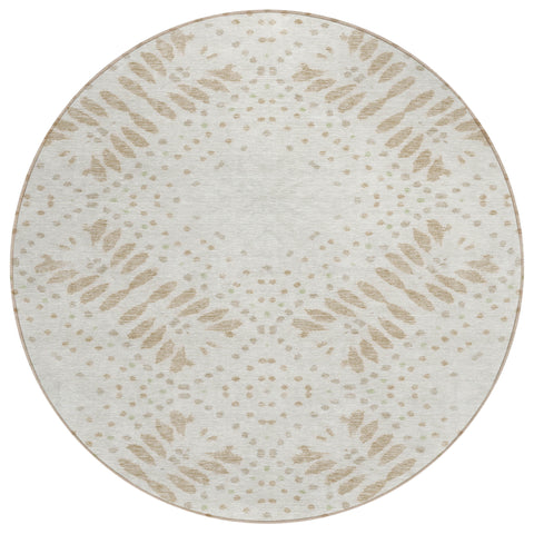 8' Beige Taupe And Tan Round Floral Washable Indoor Outdoor Area Rug