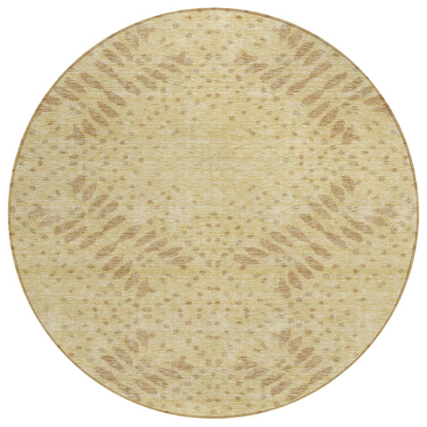 8' Gold Beige And Taupe Round Floral Washable Indoor Outdoor Area Rug