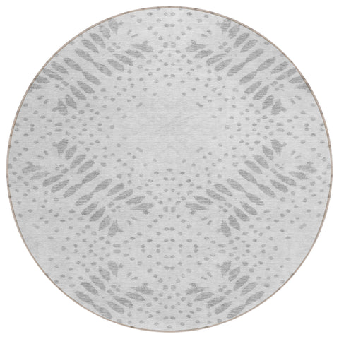 8' Gray And Silver Round Floral Washable Indoor Outdoor Area Rug