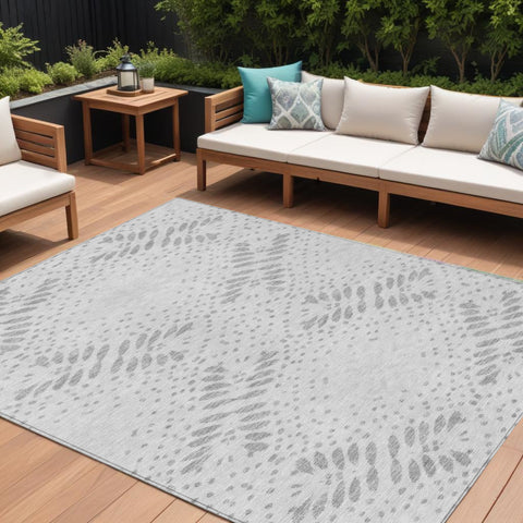 8' X 10' Gray And Silver Floral Washable Indoor Outdoor Area Rug