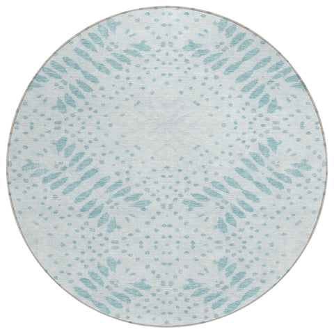 8' Teal Blue And Aqua Round Floral Washable Indoor Outdoor Area Rug
