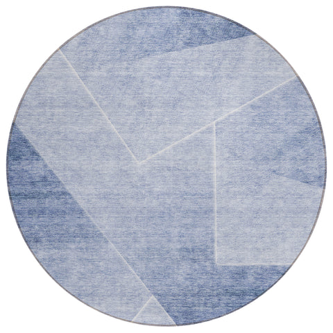 8' Navy Blue And Denim Blue Round Abstract Washable Indoor Outdoor Area Rug