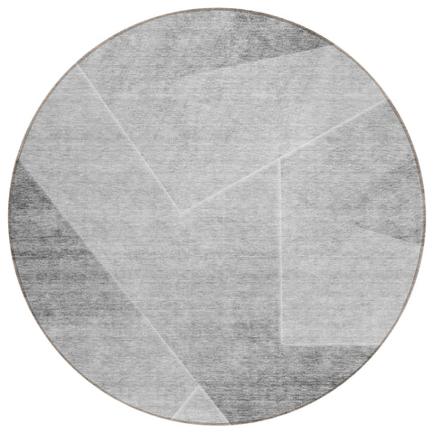 8' Gray Silver And Charcoal Round Abstract Washable Indoor Outdoor Area Rug