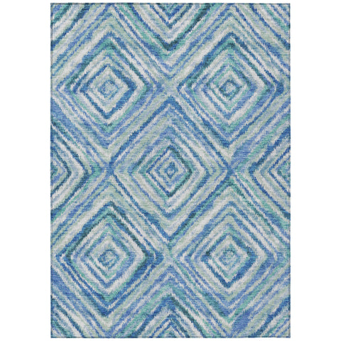 5' X 8' Denim Blue And Green Geometric Washable Indoor Outdoor Area Rug
