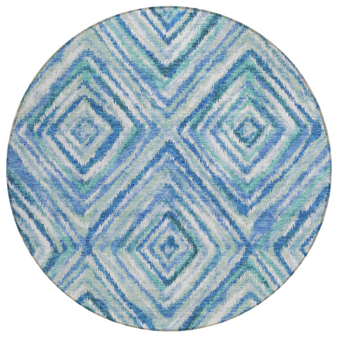 8' Denim Blue And Green Round Geometric Washable Indoor Outdoor Area Rug