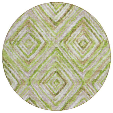 8' Artichoke Green And Brown Round Geometric Washable Indoor Outdoor Area Rug