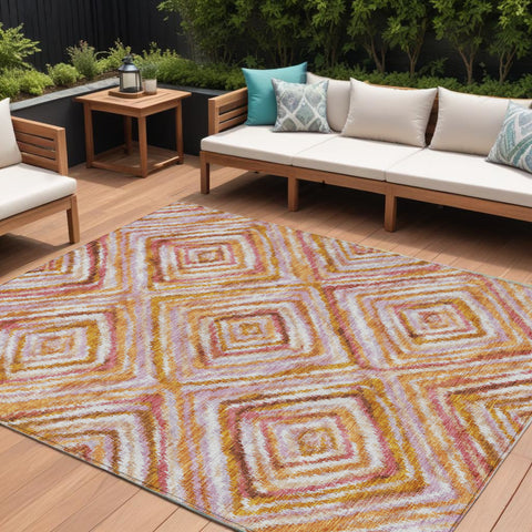 8' X 10' Orange Copper And Gold Geometric Washable Indoor Outdoor Area Rug