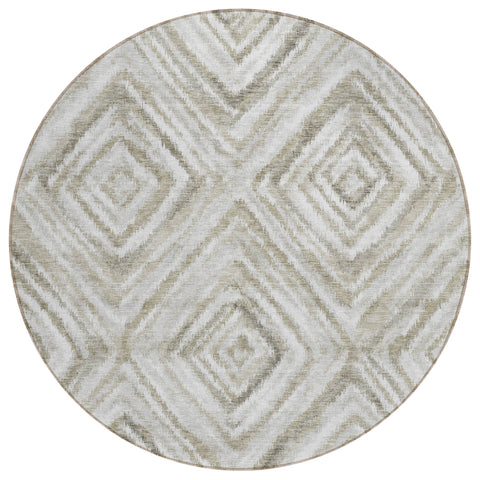 8' Beige Taupe And Ivory Round Geometric Washable Indoor Outdoor Area Rug