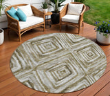 8' Brown Beige And Ivory Round Geometric Washable Indoor Outdoor Area Rug