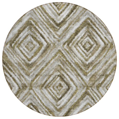 8' Brown Beige And Ivory Round Geometric Washable Indoor Outdoor Area Rug