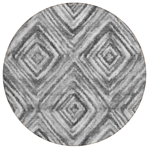 8' Gray Silver And Ivory Round Geometric Washable Indoor Outdoor Area Rug