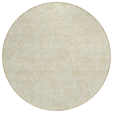 8' Ivory And Beige Round Floral Washable Indoor Outdoor Area Rug