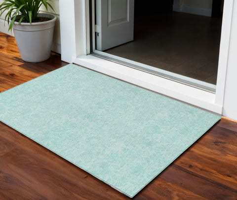 3' X 5' Teal Blue And Aqua Floral Washable Indoor Outdoor Area Rug