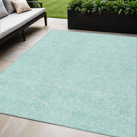 5' X 8' Teal Blue And Aqua Floral Washable Indoor Outdoor Area Rug