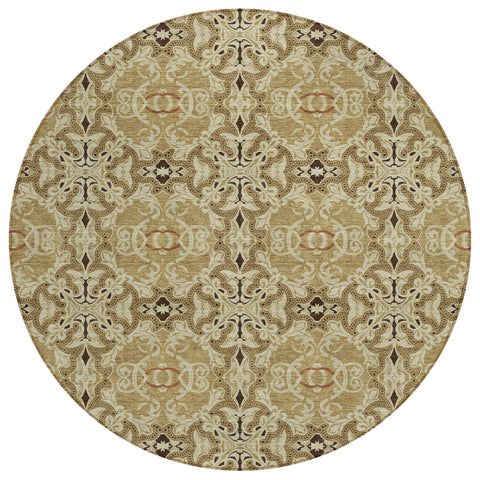 8' Brown Beige And Tan Round Medallion Washable Indoor Outdoor Area Rug