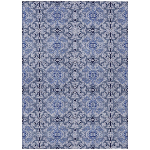 5' X 8' Navy Blue And Sky Blue Medallion Washable Indoor Outdoor Area Rug