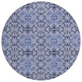 8' Navy Blue And Sky Blue Round Medallion Washable Indoor Outdoor Area Rug