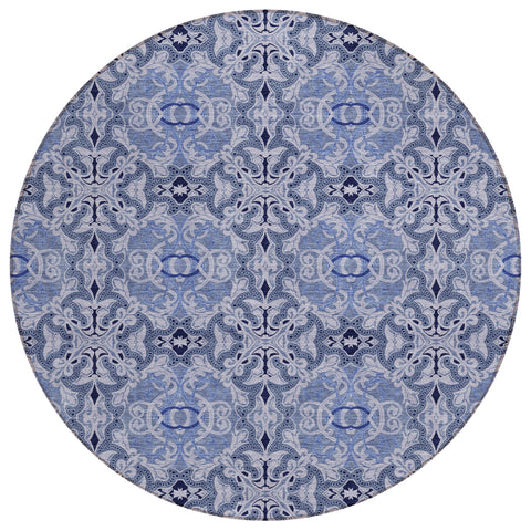 8' Navy Blue And Sky Blue Round Medallion Washable Indoor Outdoor Area Rug