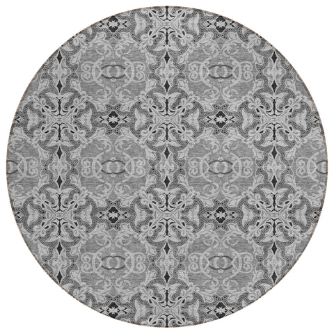 8' Gray Silver And Charcoal Round Medallion Washable Indoor Outdoor Area Rug