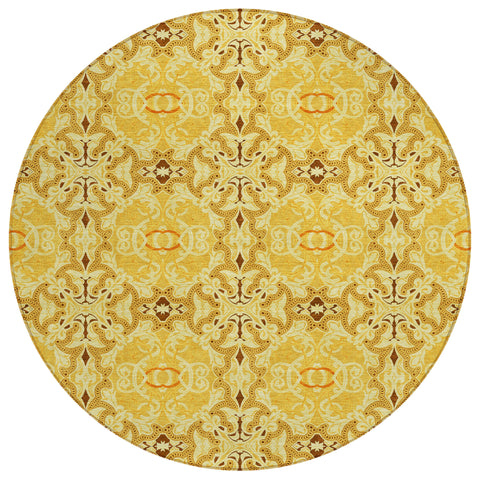 8' Orange Copper And Gold Round Medallion Washable Indoor Outdoor Area Rug