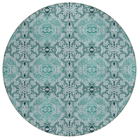 8' Teal Blue And Aqua Round Medallion Washable Indoor Outdoor Area Rug