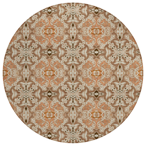 8' Terra Cotta Copper And Beige Round Medallion Washable Indoor Outdoor Area Rug