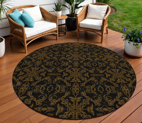 8' Brown And Black Round Medallion Washable Indoor Outdoor Area Rug