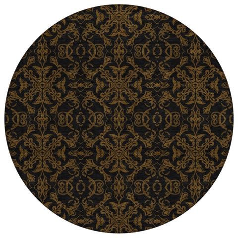8' Brown And Black Round Medallion Washable Indoor Outdoor Area Rug