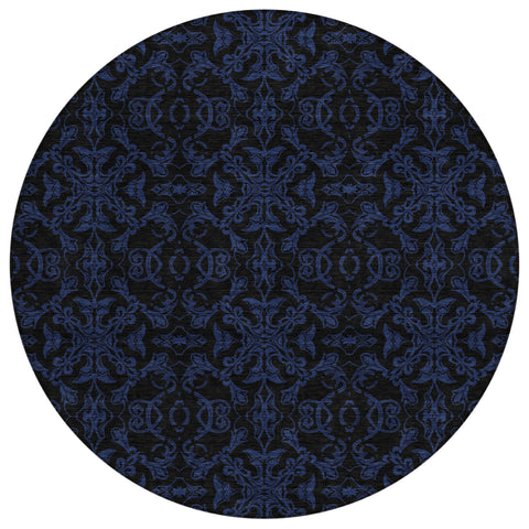8' Blue And Navy Blue Round Medallion Washable Indoor Outdoor Area Rug