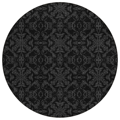8' Gray And Charcoal Round Medallion Washable Indoor Outdoor Area Rug