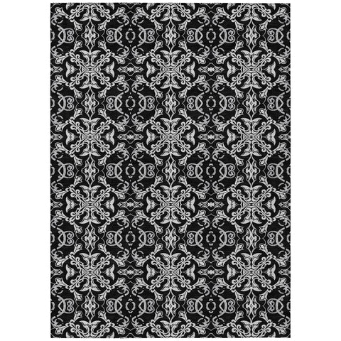 5' X 8' Ivory And Black Medallion Washable Indoor Outdoor Area Rug