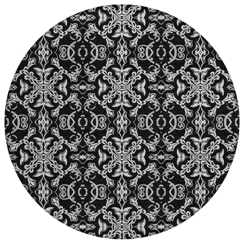 8' Ivory And Black Round Medallion Washable Indoor Outdoor Area Rug