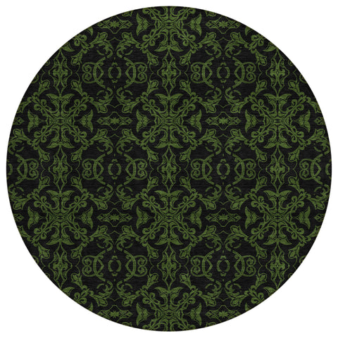 8' Olive Green And Green Round Medallion Washable Indoor Outdoor Area Rug