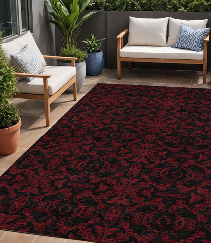 5' X 8' Red And Black Medallion Washable Indoor Outdoor Area Rug