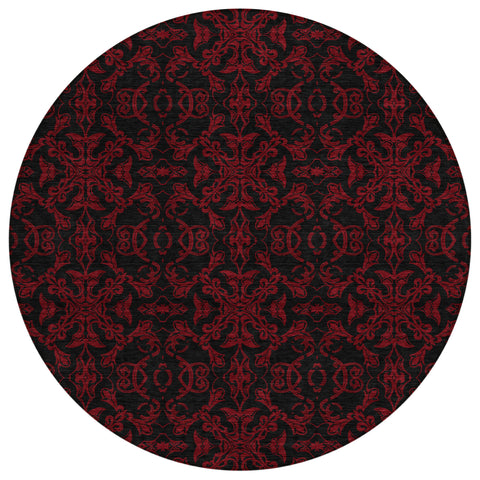 8' Red And Black Round Medallion Washable Indoor Outdoor Area Rug