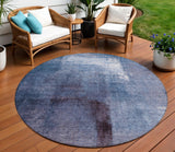 8' Navy Blue And Sky Blue Round Abstract Washable Indoor Outdoor Area Rug